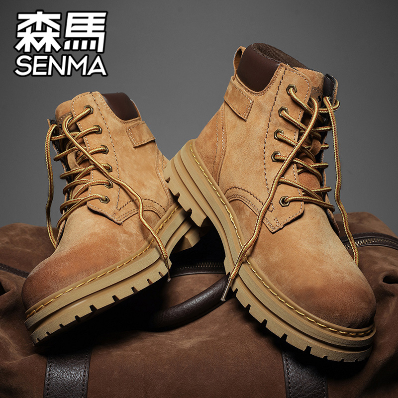 森马真皮马丁靴男秋冬高帮英伦风休闲皮靴男士防滑耐磨工装大黄靴主图