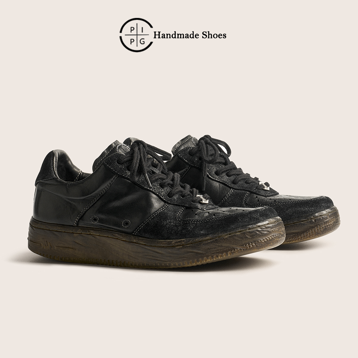 PIPG男女鞋小众原创设计手工黑色真皮鞋复古运动休闲板鞋洗水马皮主图
