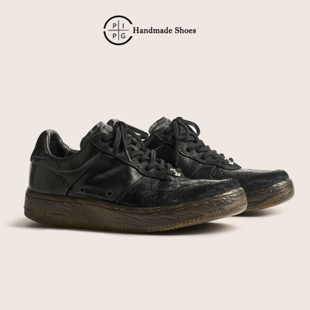 PIPG男女鞋小众原创设计手工黑色真皮鞋复古运动休闲板鞋洗水马皮