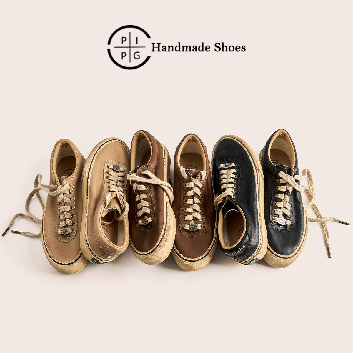 PIPG透气洗水牛皮帆布鞋男 做旧厚底硫化鞋复古日系板鞋2025春夏主图