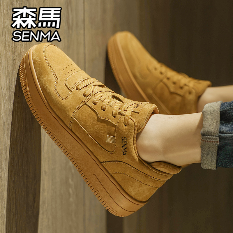 森马男鞋秋季百搭高级感男士休闲低帮板鞋运动增高真皮小麦色潮鞋主图