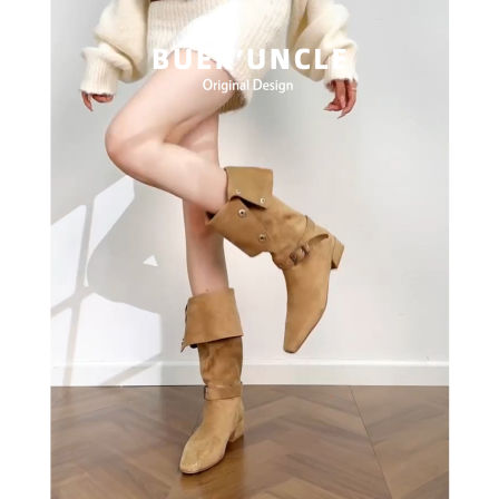 羊皮版！长筒靴女2025新款秋冬粗跟美拉德复古不过膝高筒骑士长靴