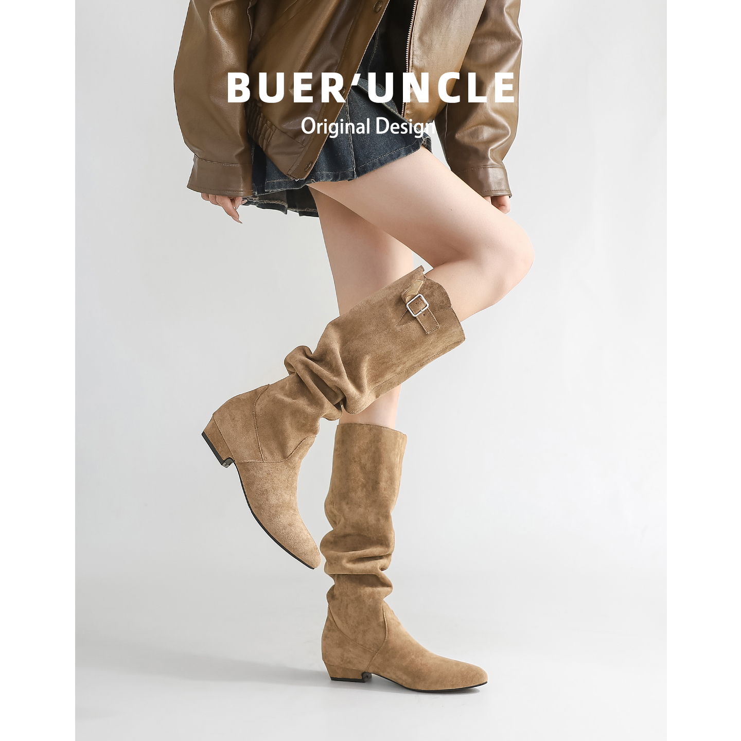 羊皮版！内增高长筒靴女秋冬季复古褶皱堆堆靴显瘦高筒骑士长靴主图