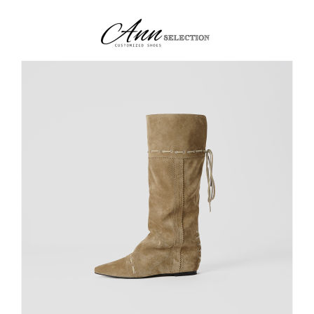 ANN小众设计感尖头堆堆靴女2025秋冬新款平底内增高不过膝西部靴