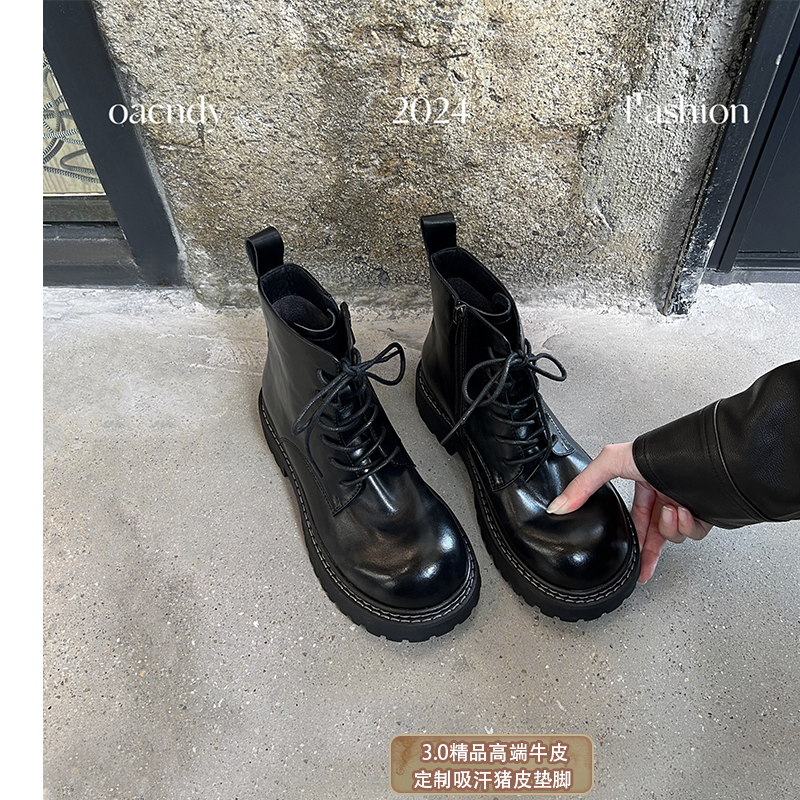 【柔糅工艺-高端牛皮】大叔家厚底马丁靴女款2025新款秋黑色皮鞋主图