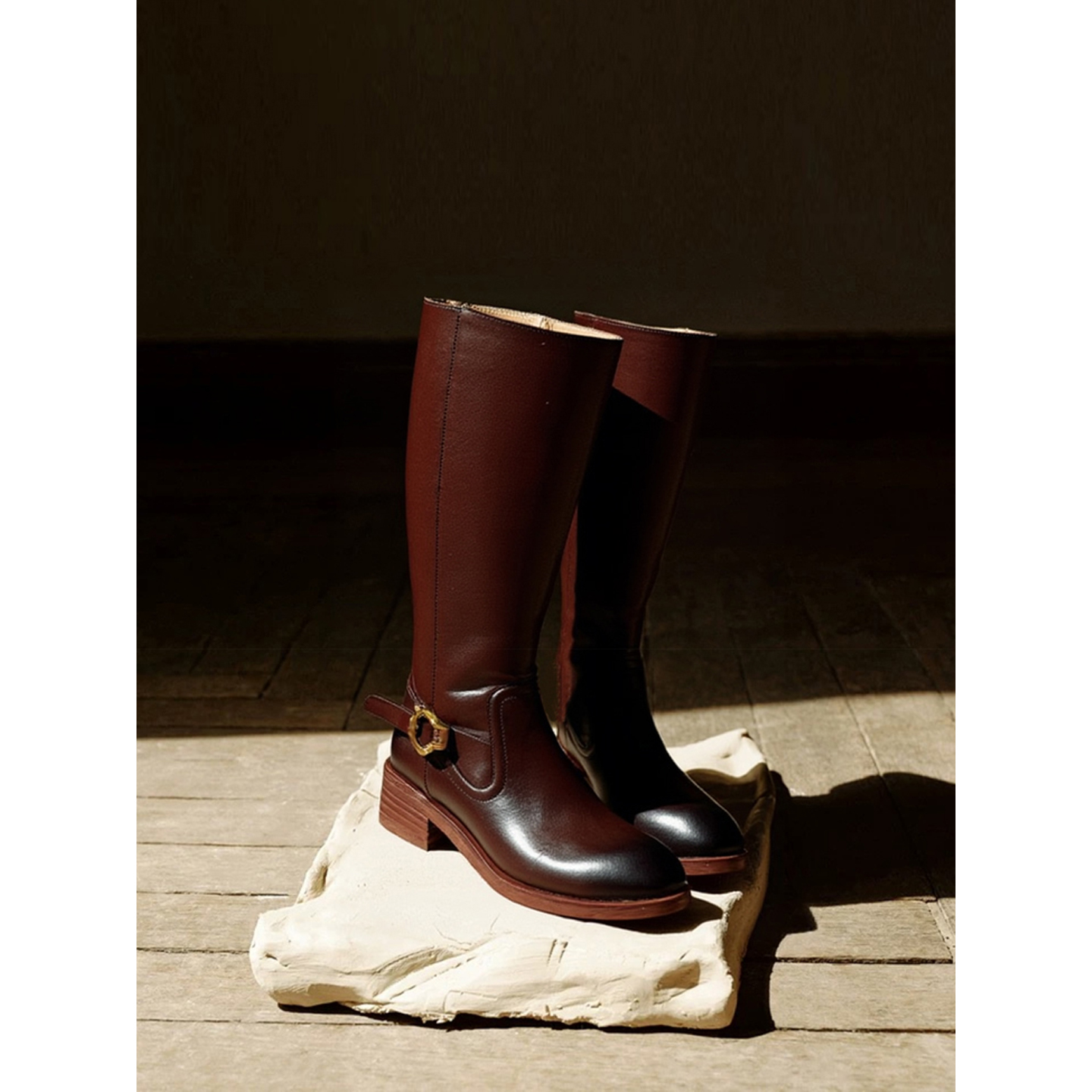 Ls' rommors 原创 修腿圆筒 棕色水洗牛皮高筒长靴搭扣套筒骑士靴主图