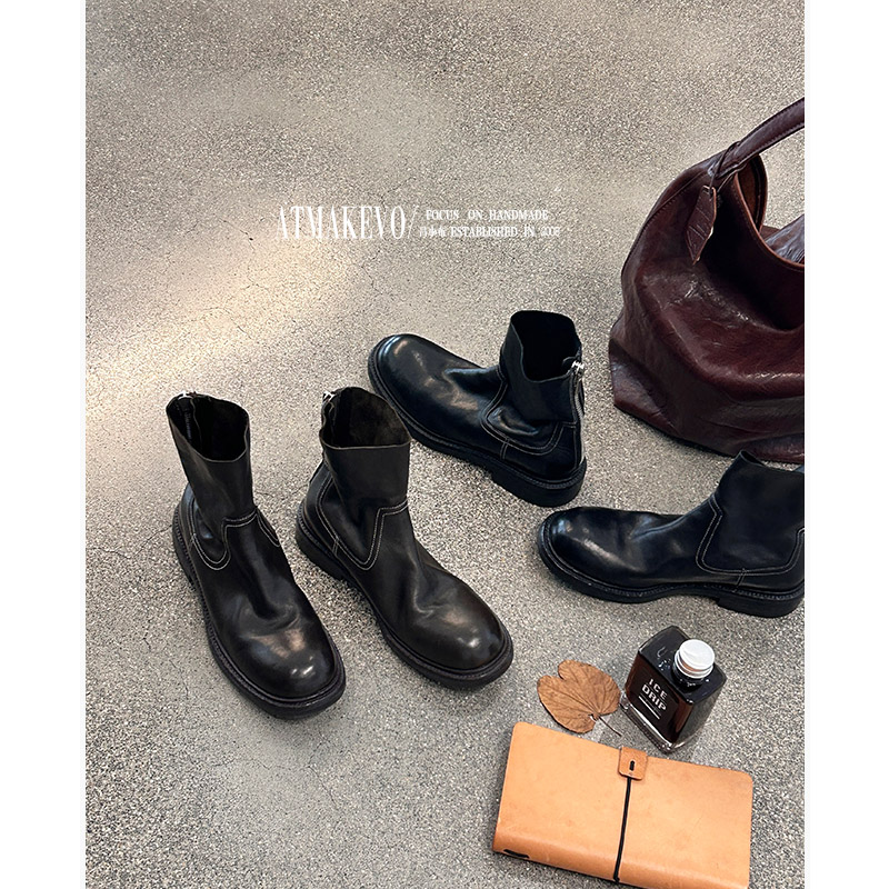吕小布 | 定制切尔西靴 意式手工水洗牛皮短靴黑色后拉链马丁靴女主图