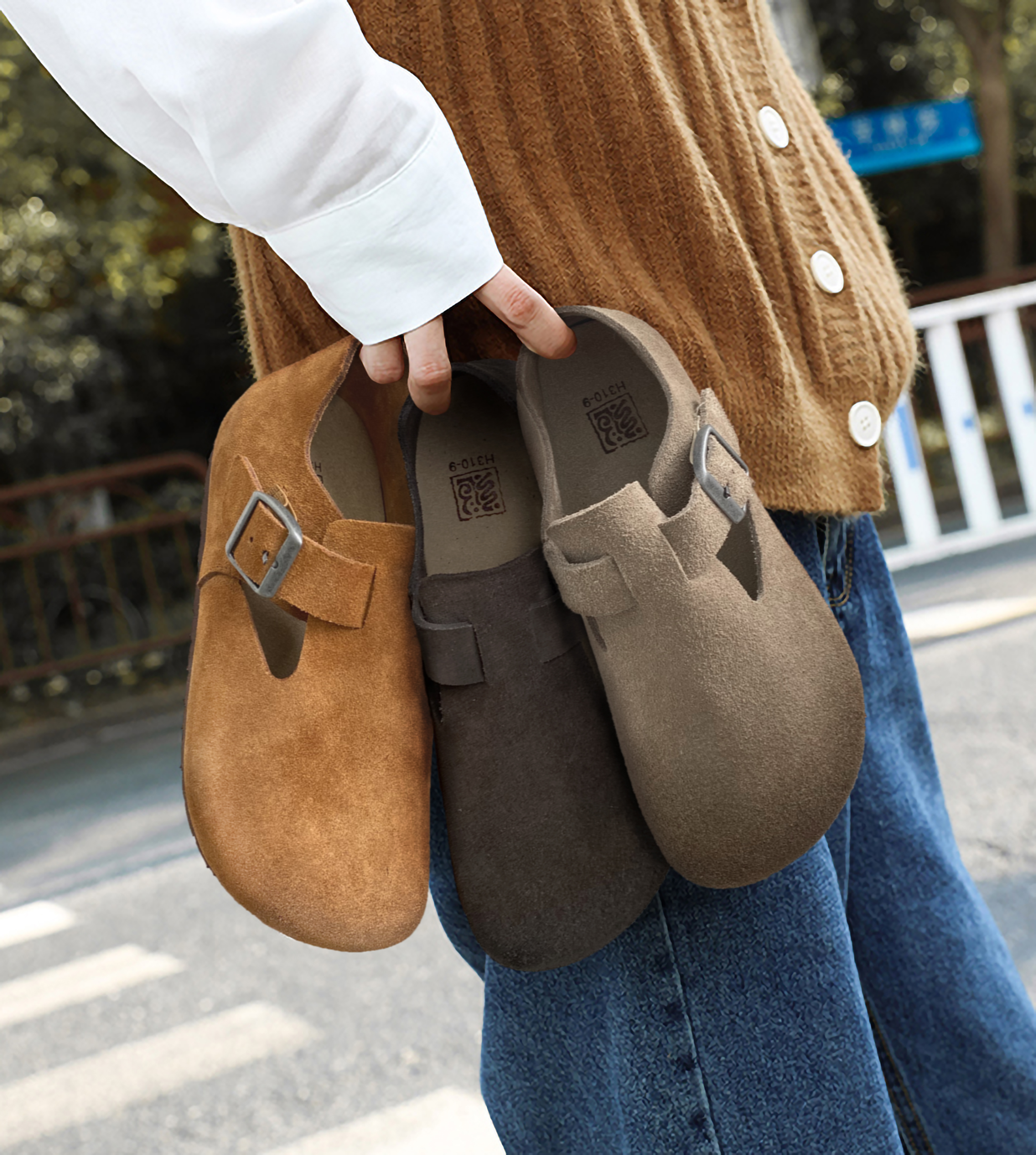 通宝秋冬25新款勃肯鞋软木平底内增高全包真皮单鞋勃肯女鞋 310-9主图