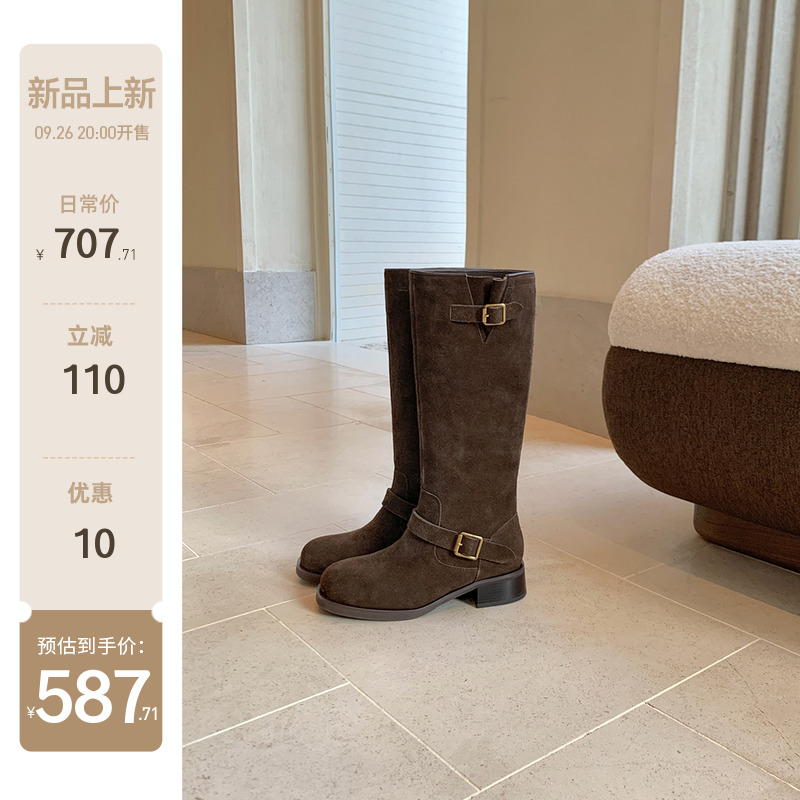 【sheii苏茵茵】首尔买手靴~复古小金扣带粗跟中高筒长靴女骑士靴主图