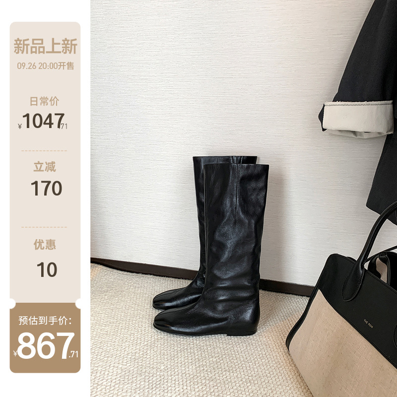 【苏茵茵】芭莎靴~超软小羊皮方头内增高平底中高筒长靴女骑士靴主图