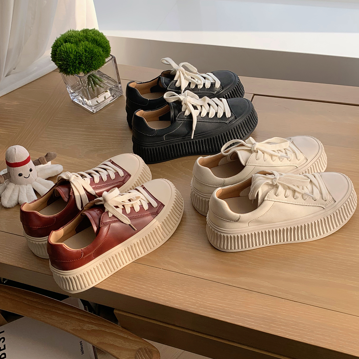 葡萄妈studiolee增高5cm~ 经典百搭皮面圆头厚底小白鞋休闲饼干鞋主图