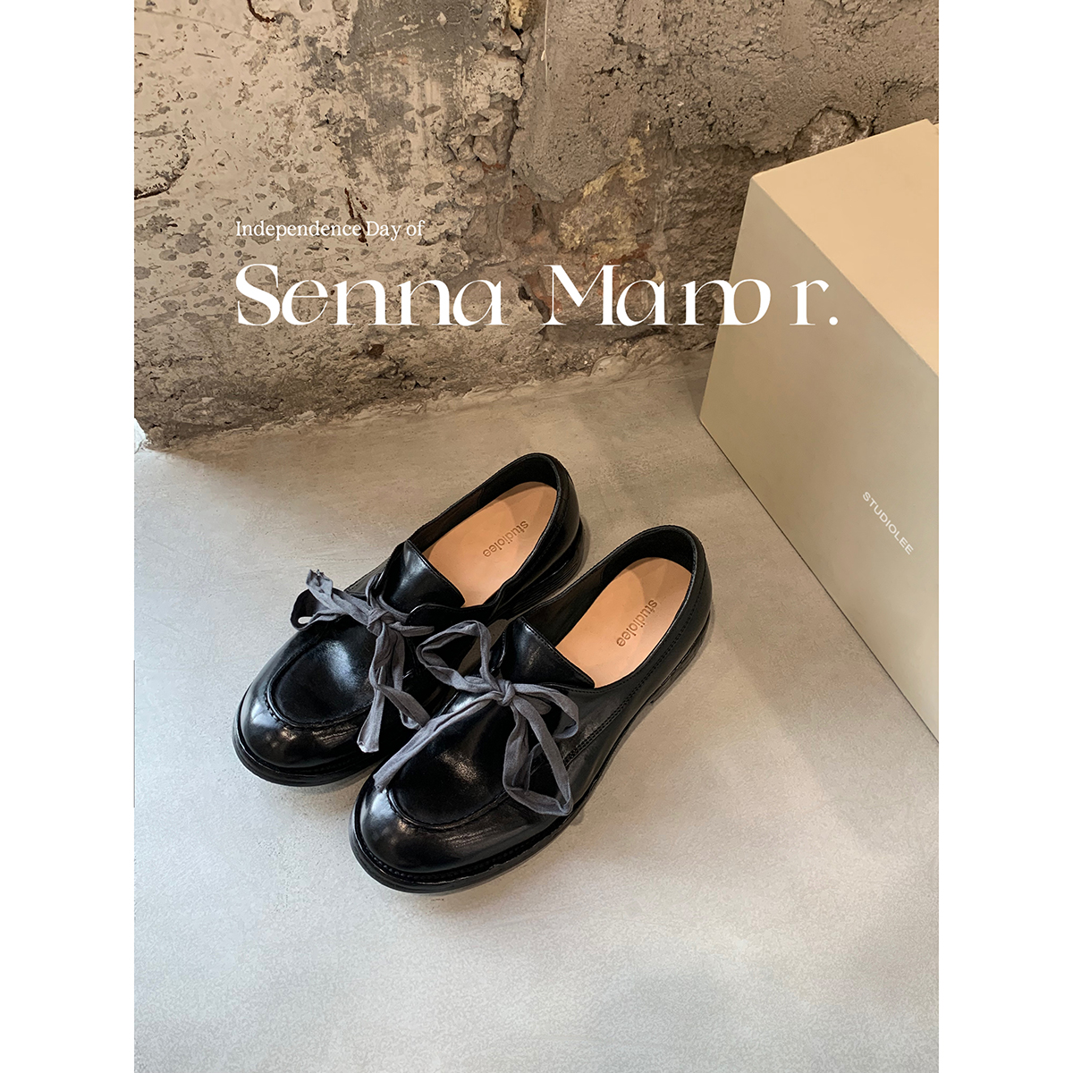 葡萄妈studiolee 高货全马皮复古百搭系带蝴蝶结粗跟乐福鞋女秋冬主图