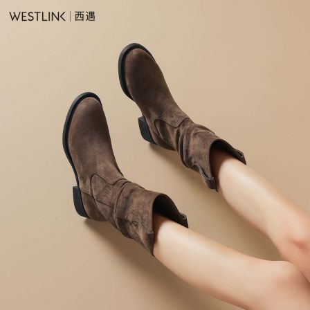 西遇堆堆靴子女2025新款美拉德西部牛仔靴复古粗跟短靴马丁靴子TQ