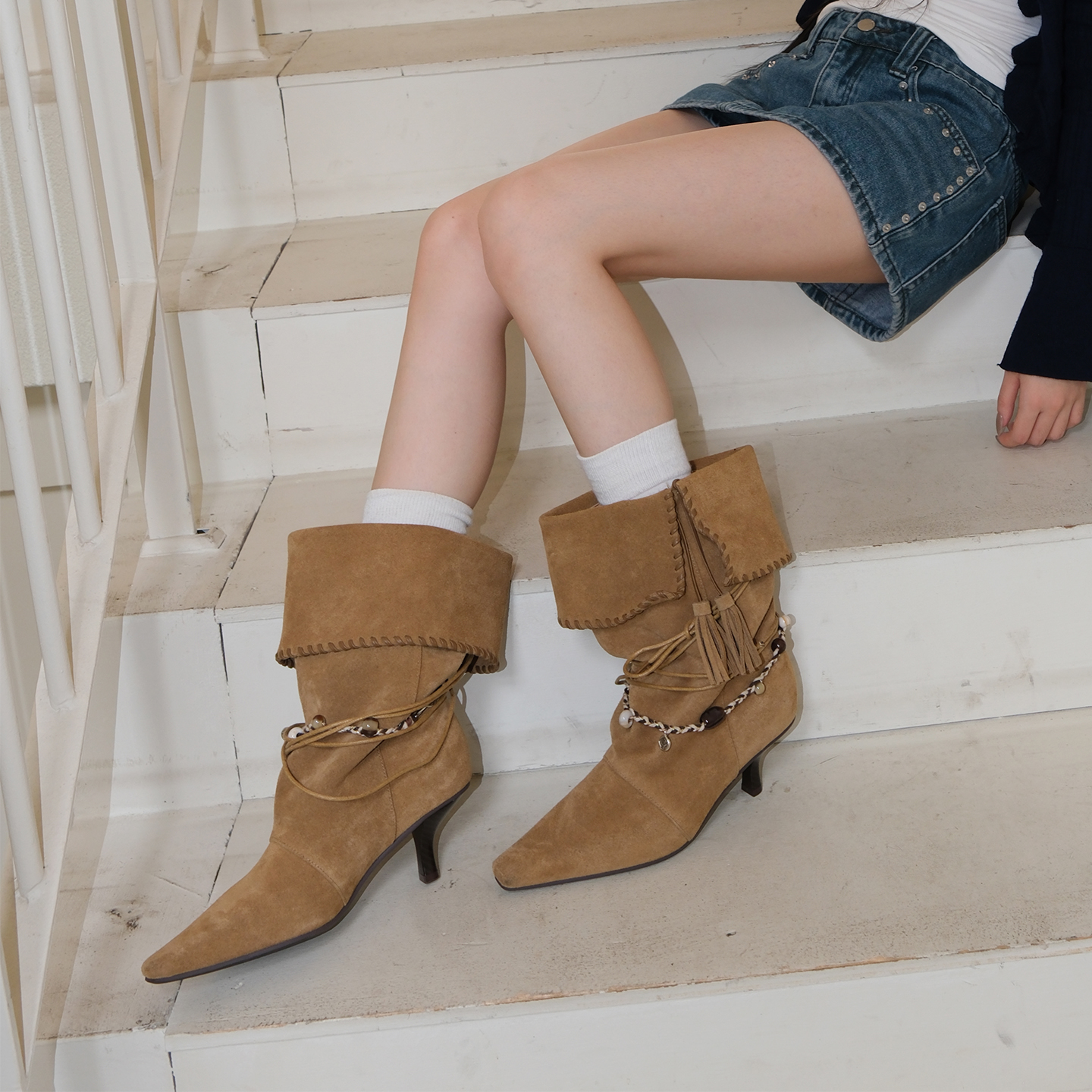 Mooreyu原创设计流苏尖头短靴女牛皮细高跟棕色褶皱堆堆骑士靴女主图