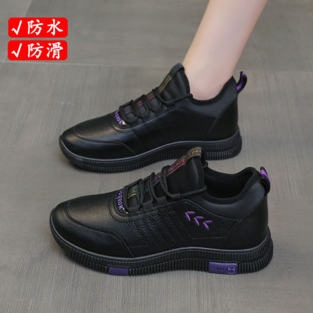 李LN氢云防水皮面运动女鞋久站软底不累脚黑色工作真皮防滑妈妈鞋