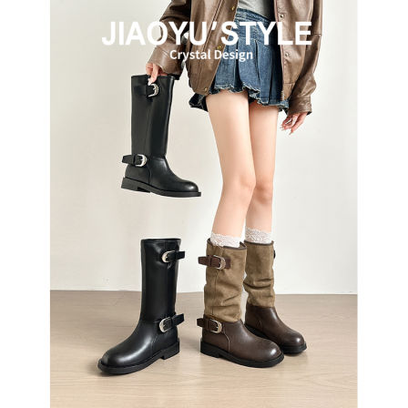 真皮~骄屿复古皮带扣中筒堆堆靴秋冬新款骑士靴粗跟不过膝长筒靴