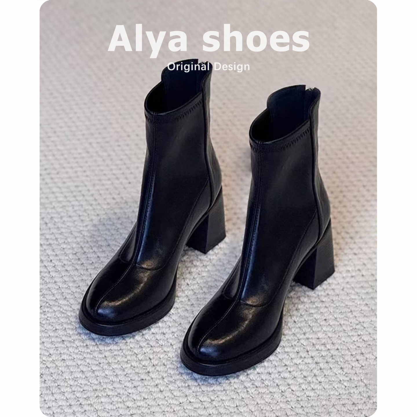 牛皮版~粗跟短靴女秋冬新款防水台增高显瘦弹力靴通勤百搭时装靴主图