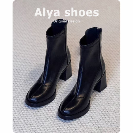 牛皮版~粗跟短靴女秋冬新款防水台增高显瘦弹力靴通勤百搭时装靴