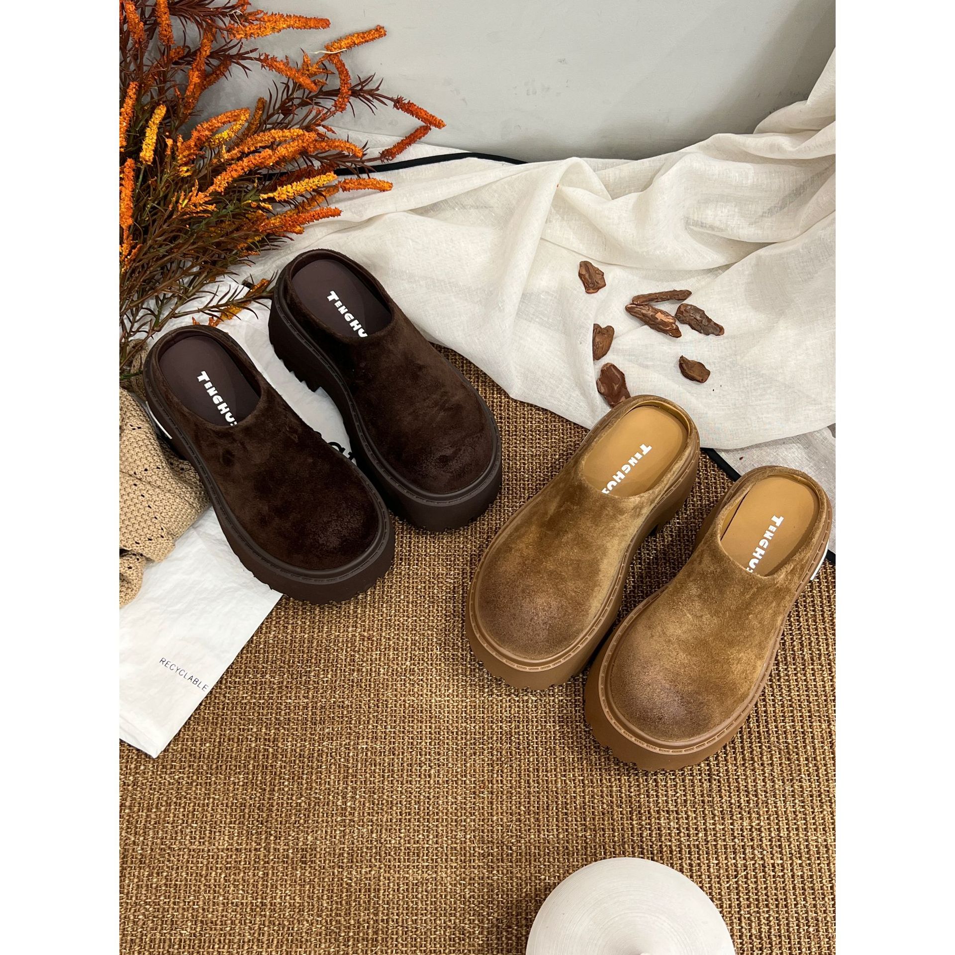 2025秋季新款外穿复古松糕底棉拖鞋女厚底增高包头半拖鞋女主图