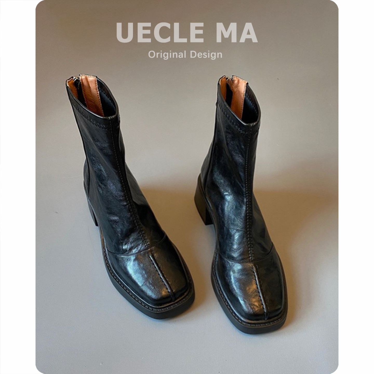 羊皮版~高跟短靴女方头复古切尔西马丁靴子2025秋冬款粗跟瘦瘦靴主图