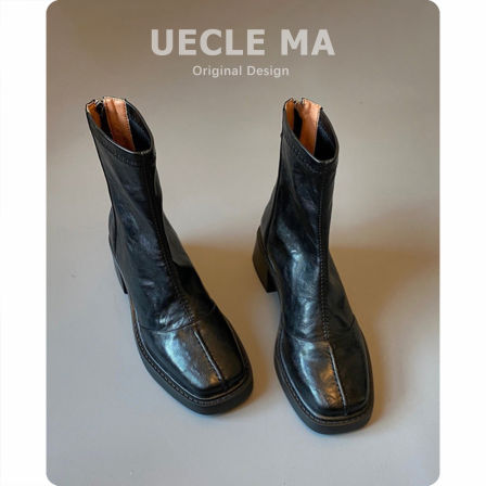 羊皮版~高跟短靴女方头复古切尔西马丁靴子2025秋冬款粗跟瘦瘦靴