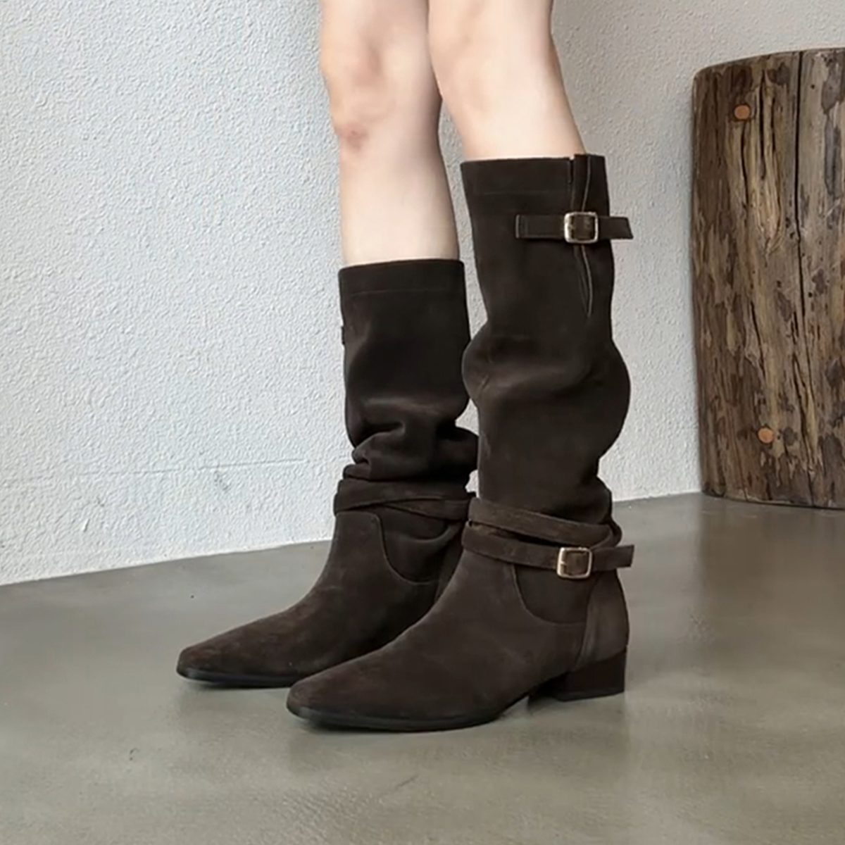 牛皮版~废土风皮带扣磨砂皮显瘦褶皱堆堆靴女粗跟方头长筒骑士靴主图
