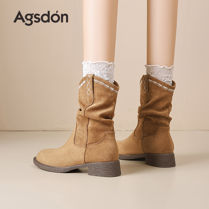 奥古狮登复古短靴女2025新款秋季厚底堆堆靴美拉德西部牛仔马丁靴主图