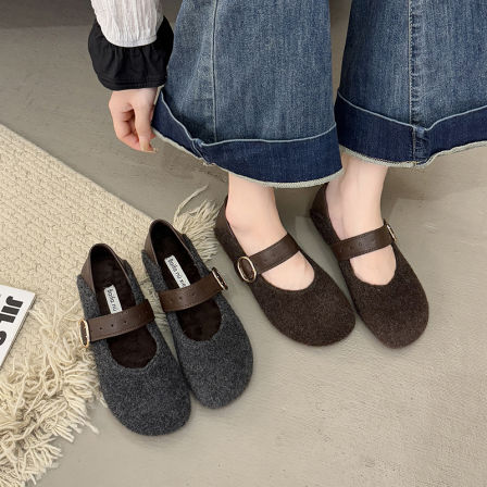 巨好看平底浅口单鞋女2025新款秋季毛呢灰色勃肯鞋玛丽珍晚晚鞋子