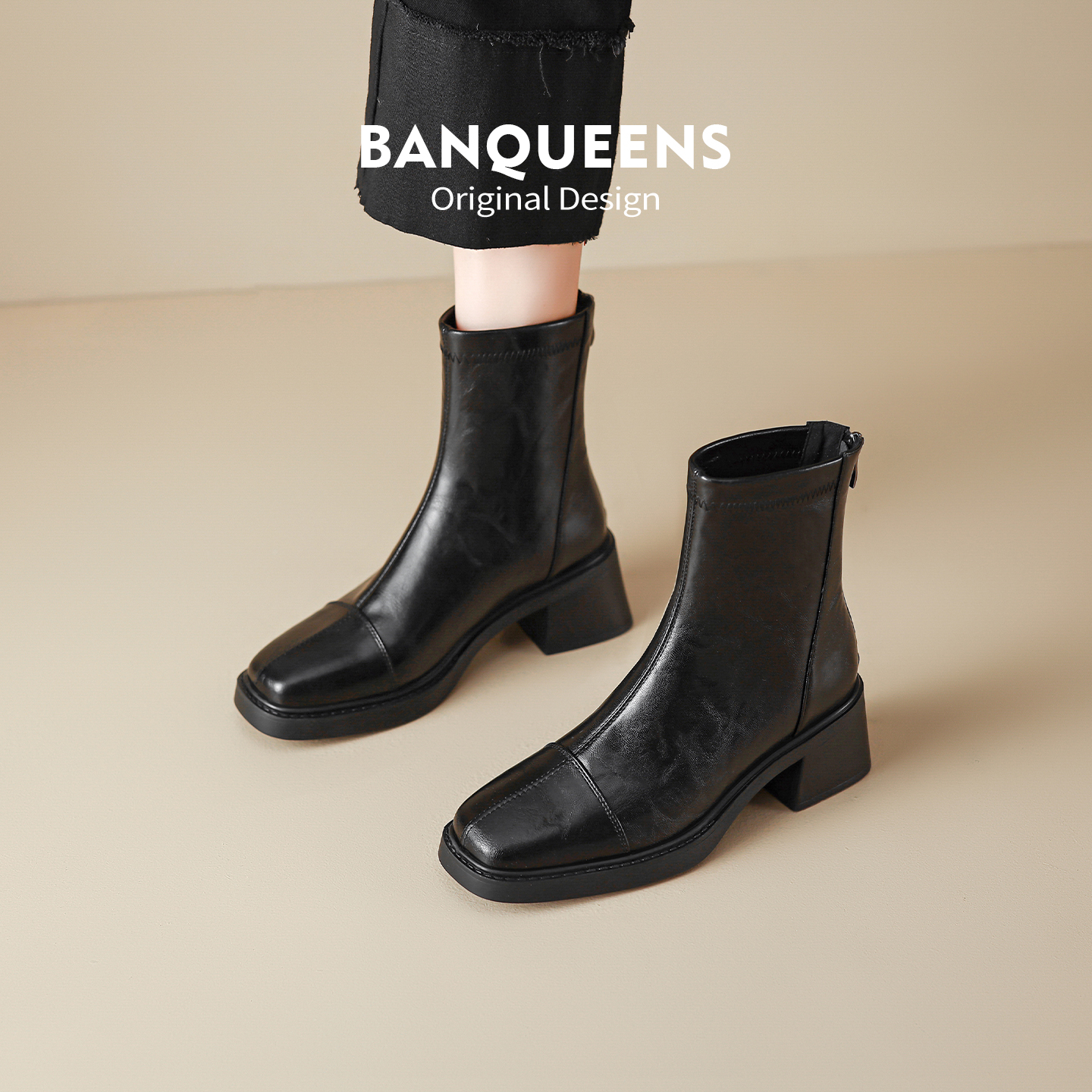 真皮版~半曲高跟方头瘦瘦靴短靴女粗跟复古马丁靴英伦风短筒单靴主图