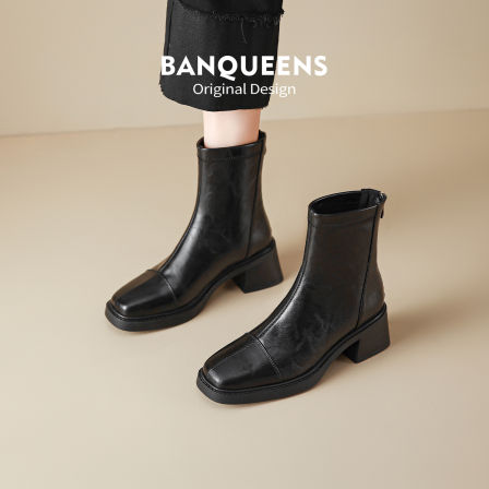 真皮版~半曲高跟方头瘦瘦靴短靴女粗跟复古马丁靴英伦风短筒单靴