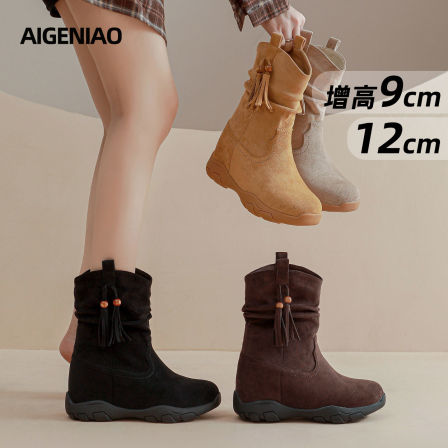 马丁靴女英伦风2025秋冬新款复古流苏堆堆靴12公分厚底内增高女靴