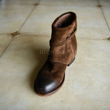 何其丑 磨砂牛皮时装走秀裤管靴 套筒西部短靴女方跟女靴真皮女鞋