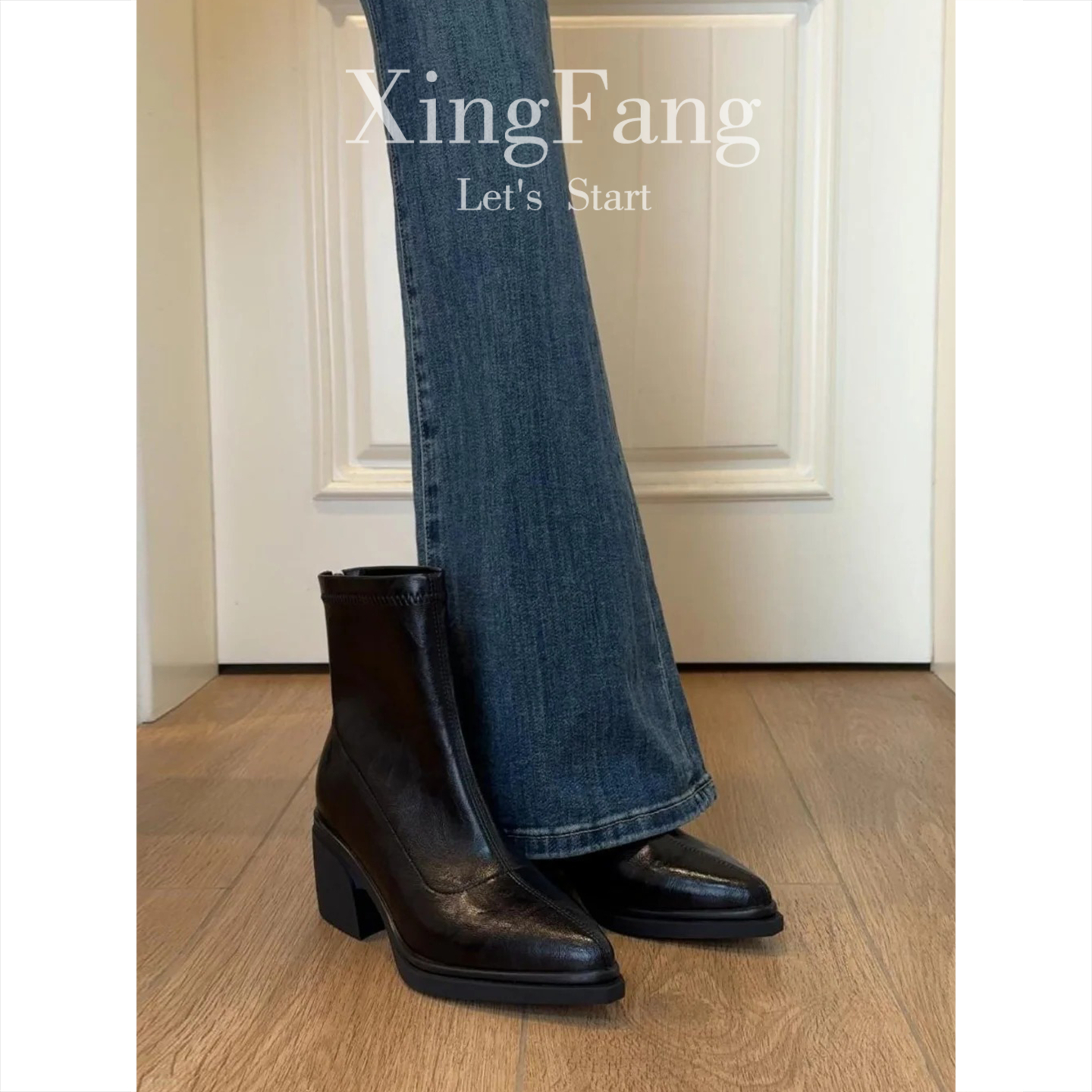 牛皮版~尖头高跟短靴女秋冬新款复古厚底粗跟弹力瘦瘦靴马丁靴子主图