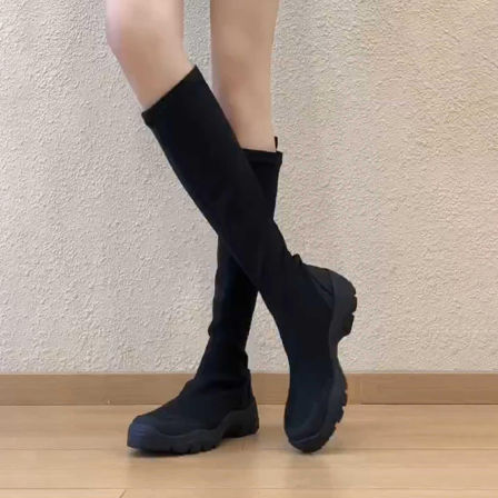 牛皮版~6cm小个子厚底弹力瘦瘦靴女简约时尚绒面黑色长筒骑士靴