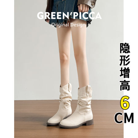 真皮~复古美拉德白色短靴女2025新款粗跟褶皱堆堆靴内增高马丁靴