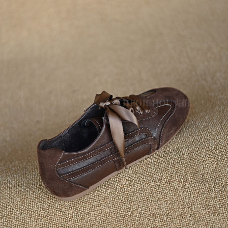 何其丑 牛皮深咖色时尚休闲运动鞋女真皮德训鞋女平板鞋真皮女鞋