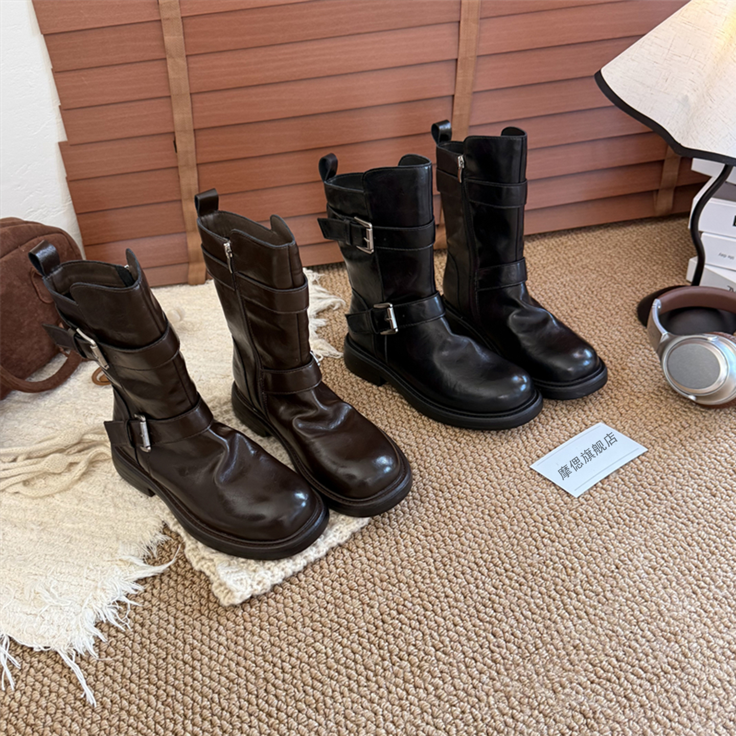 厚底美拉德复古中筒靴女皮带扣短靴子2025新款秋爆款马丁靴瘦瘦靴主图