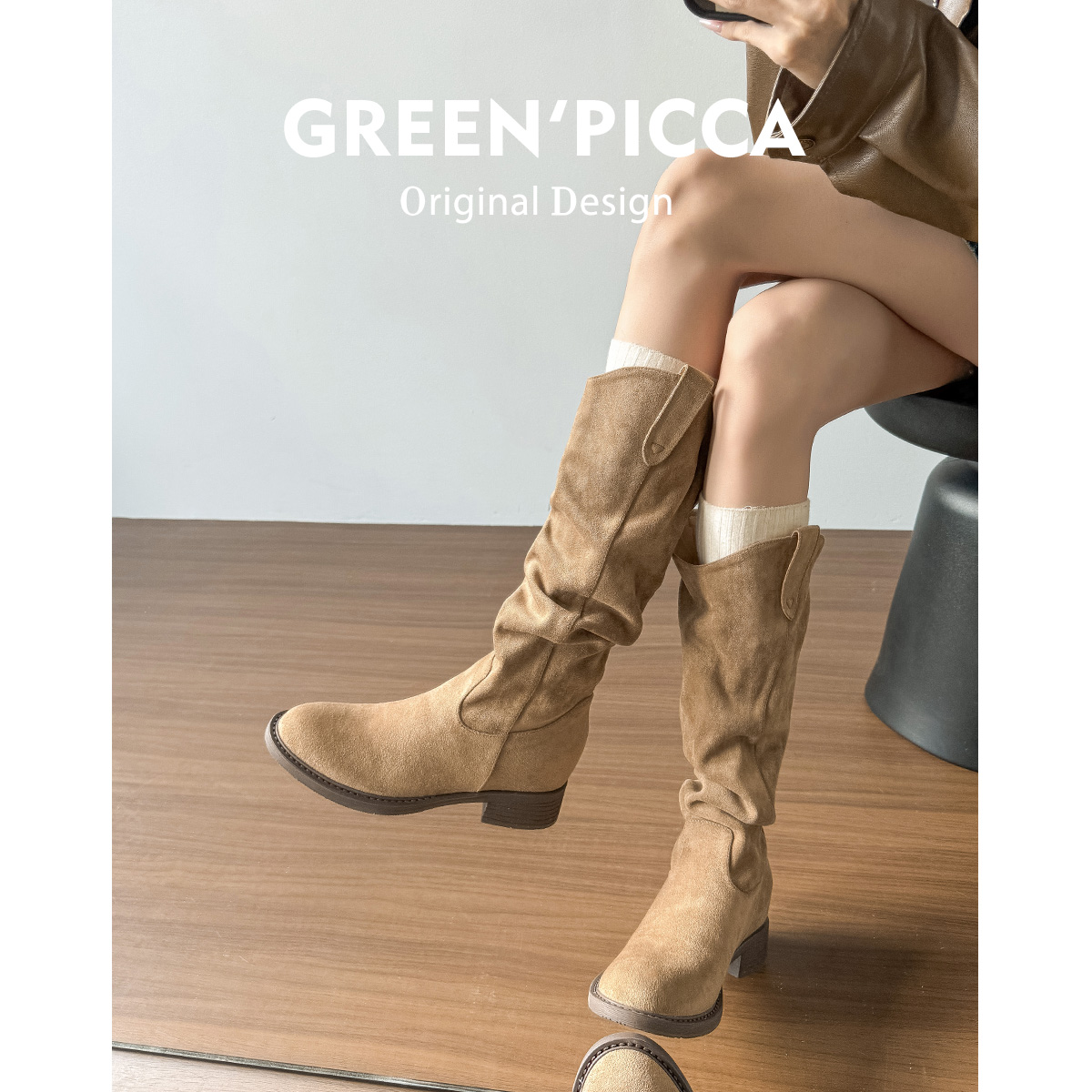 真皮~复古粗跟V口堆堆长筒靴女2025秋冬新款卡其色西部牛仔骑士靴主图