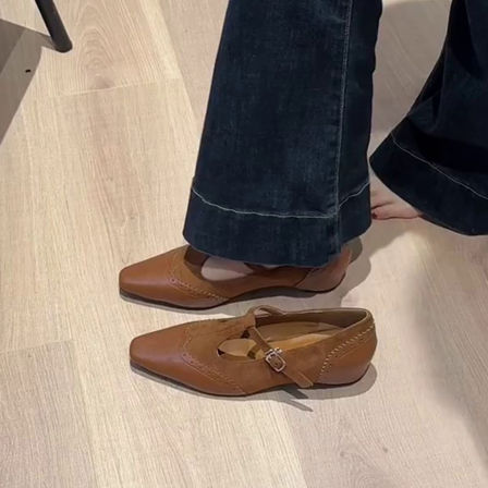 羊皮版~复古绒面拼接浅口内增高单鞋女通勤鞋气质T字扣带玛丽珍鞋