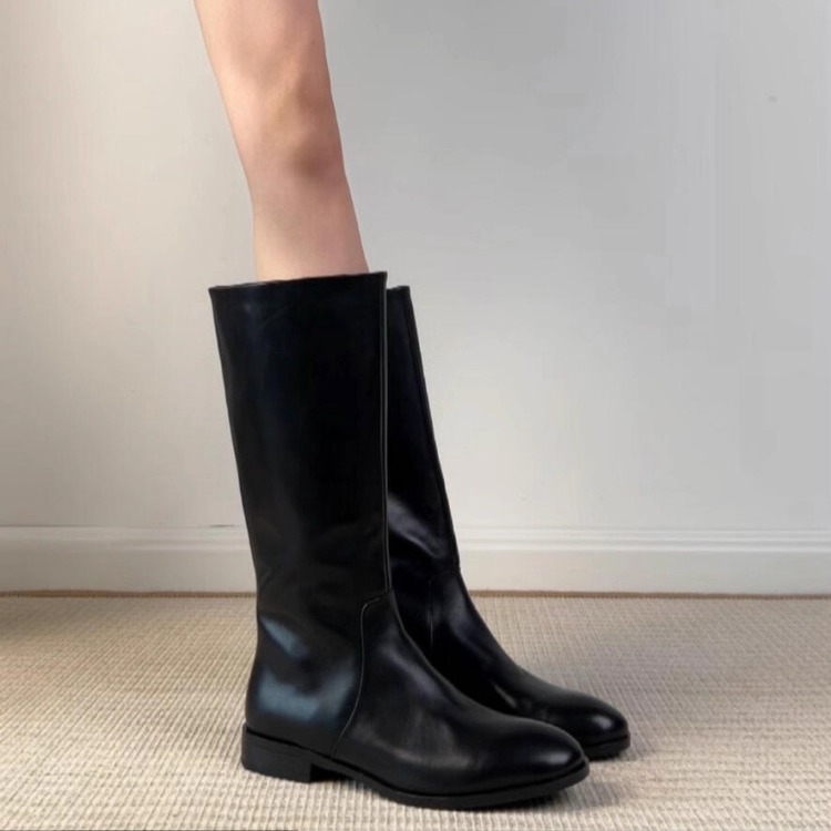 羊皮版~复古真皮方头高筒骑士靴2025新款百搭黑色显瘦不过膝长靴主图