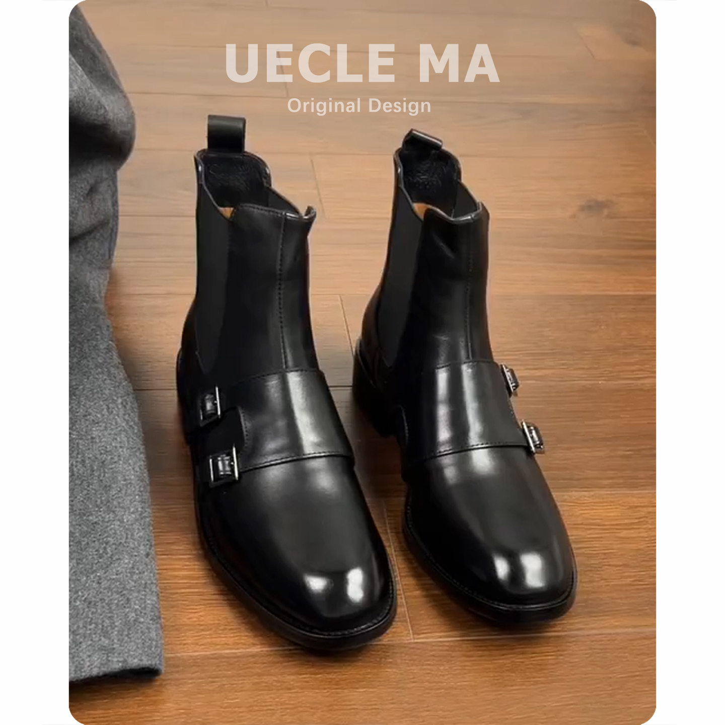 牛皮版~低跟复古短靴女通勤百搭气质显瘦烟筒靴皮带扣切尔西靴子主图