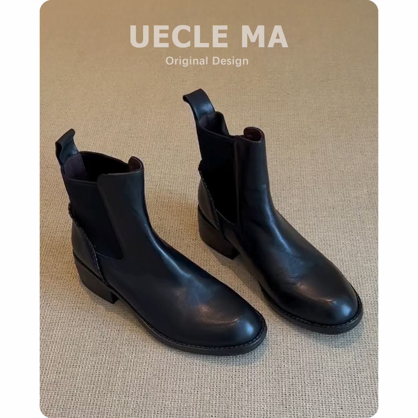 牛皮版~粗跟复古短靴女秋冬新款切尔西靴中跟圆头通勤百搭马丁靴主图