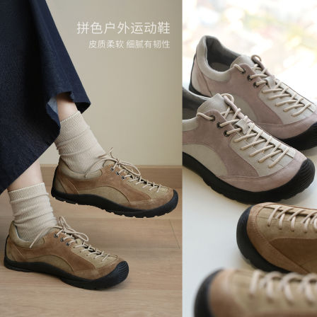 女士复古拼色平底真皮登山鞋 磨砂牛皮运动休闲鞋女鞋 秋k