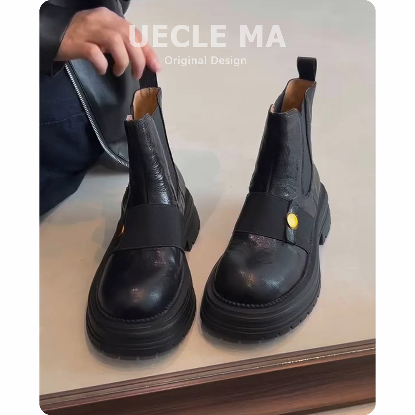 牛皮版~厚底增高短靴女秋冬新款烟筒马丁靴显瘦百搭复古切尔西靴主图