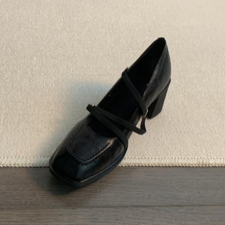 匠逅 黑色玛丽珍乐福鞋宽脚方头高跟鞋粗跟不累脚小皮鞋女工作鞋