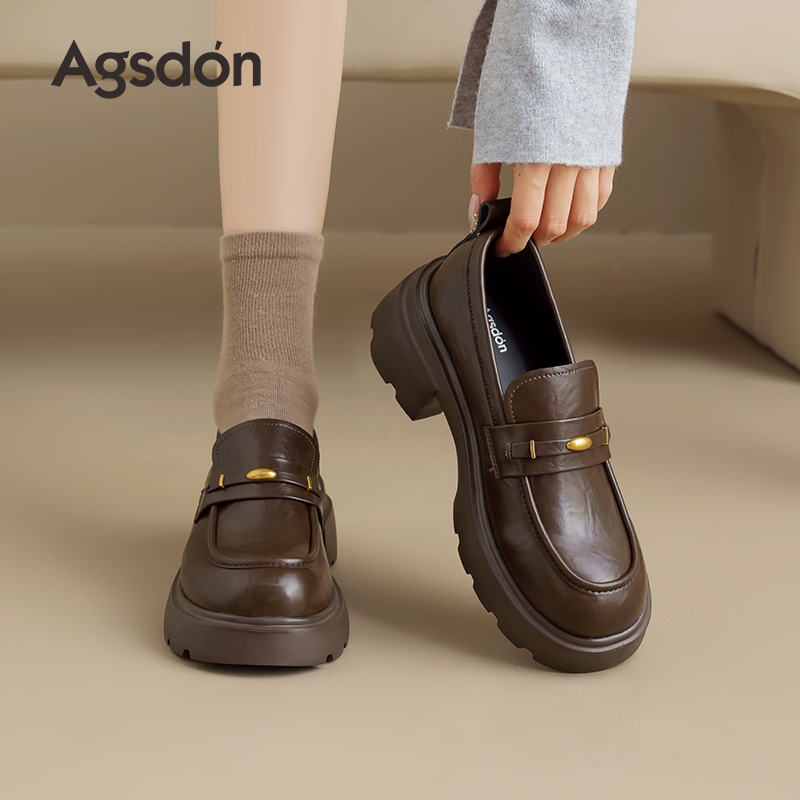 奥古狮登厚底乐福鞋女款2025新款秋季一脚蹬单鞋百搭英伦风小皮鞋主图