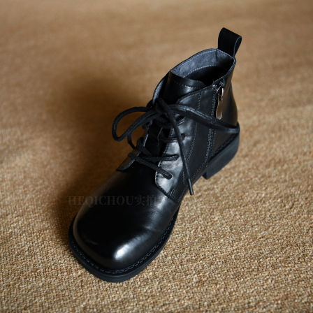 何其丑 黑色真皮宽头马丁靴女方跟短靴 牛皮侧拉链中跟方头女靴子