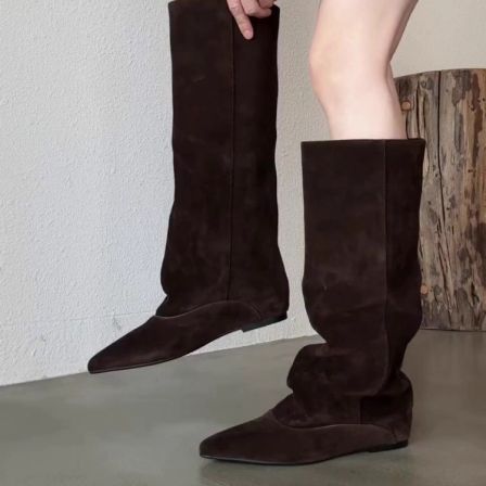 羊皮版~复古风真皮褶皱堆堆长靴女2025新款百搭不过膝高筒骑士靴