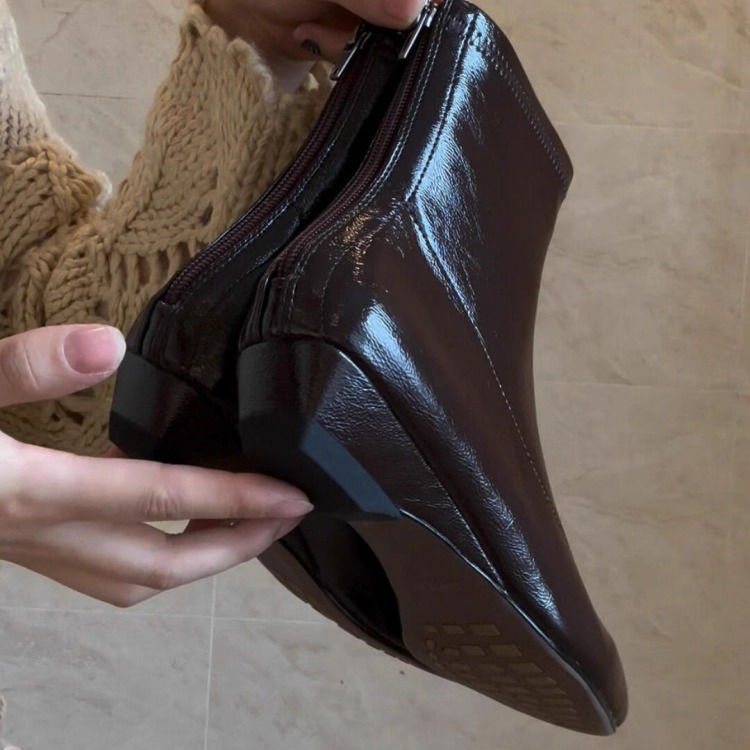 羊皮版~复古风真皮后拉链气质马丁靴女时尚通勤方头粗跟切尔西靴主图