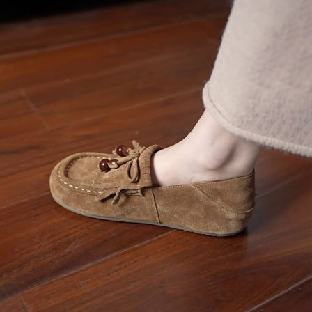 牛皮版~复古圆头流苏蝴蝶结乐福鞋内增高勃肯单鞋女一脚蹬豆豆鞋